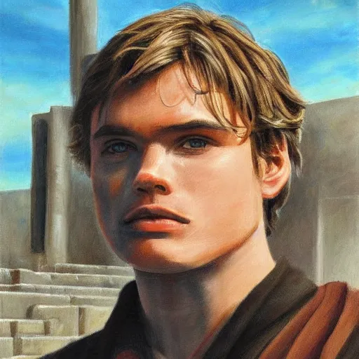 Prompt: anakin at the steps of the jedi temple on coruscant, oil painting, award - winning art, highly detailed