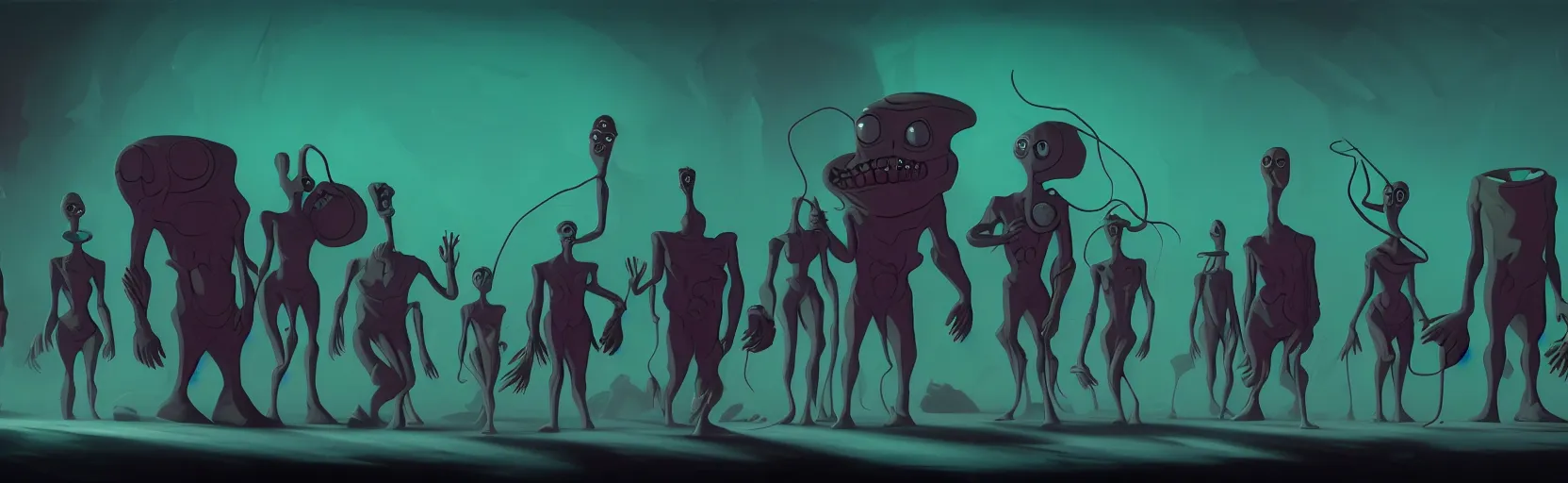Prompt: uncanny repressed mutants from the depths of a vast wasteland in the collective unconscious, dramatic lighting, surreal dark 3 0 s fleischer cartoon characters, shallow dof, surreal painting by ronny khalil