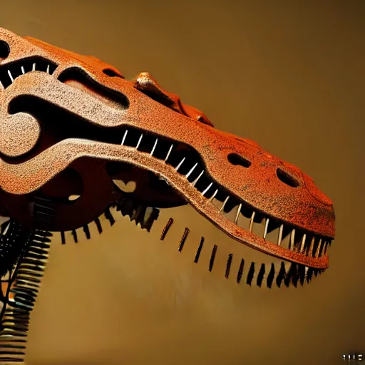 Image similar to a t-rex made out of rusty gears and wires showing life signs, photorealistic, bokeh, octane render, coherent