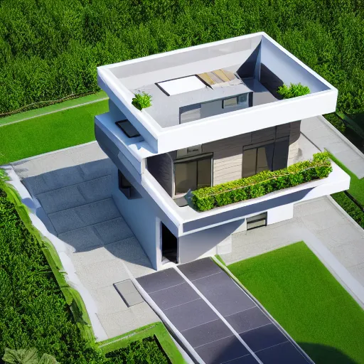 Image similar to isometric render of a beautiful modern home designed for aesthetics, energy efficiency and foliage, cg render, high resolution, professional