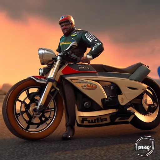 Image similar to a photo of jair messias bolsonaro driving a motorcycle at the sunset, octane render, unreal engine 5, high quality, highly detailed, close up photo, 8 k, hyperrealistic