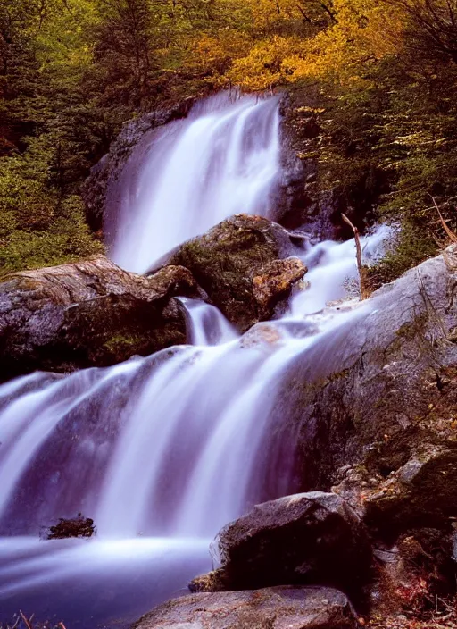 Prompt: waterfall falling into a lake, cliff, trees, photograph, landscape photography, sigma, 5 0 mm, ektachrome, award winning