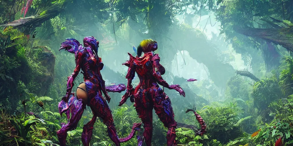 Image similar to explorer woman walking in dragon armour, walking in a dense alien jungle with colourful red, blue and purple plants, large vines, mossy organic rock structures, in the style of monster hunter world, like concept art on artstation, hyperdetailed, vray render, octane render,