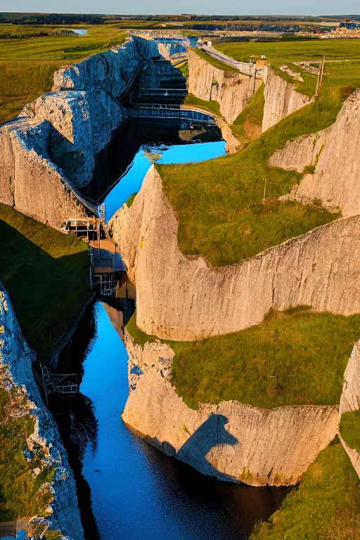 Image similar to a waterfilled limestone quarry, beautiful golden hour light, cinematic, oland in sweden, south of sweden