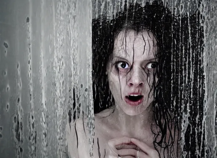 Prompt: Horror movie still of a woman peeking from behind the shower curtain. Her hair is wet and you can see the emotion of surprise in her eyes