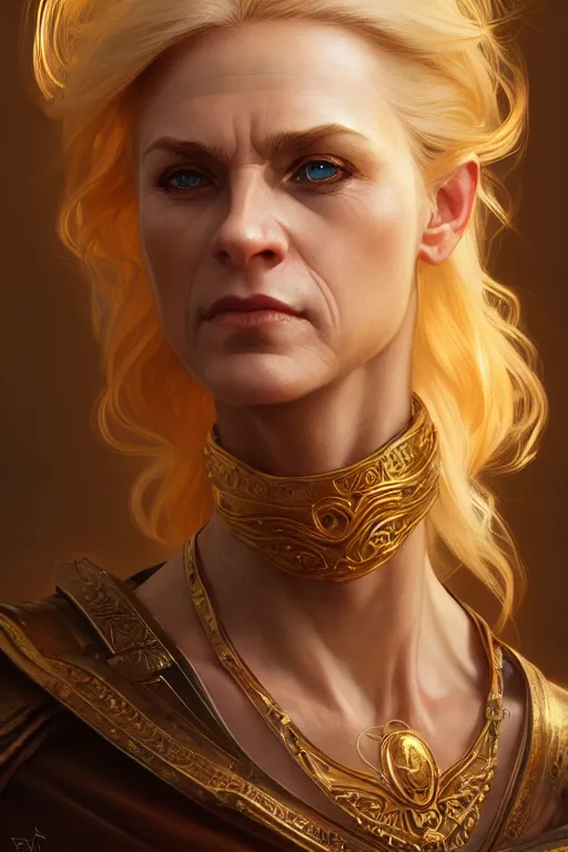 Image similar to portrait of a middle aged blonde haired woman in the style of god of war, golden machine parts, intricate, elegant, highly detailed, digital painting, artstation, concept art, smooth, sharp focus, illustration, art by artgerm and greg rutkowski and alphonse mucha, 8 k