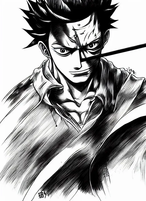 Image similar to portrait of roronoa zoro, one piece, sumi - e style, masterful, intense, ultrafine hyperdetailed illustration, concept art, detailed, intricate linework, art by yoji shinkawa