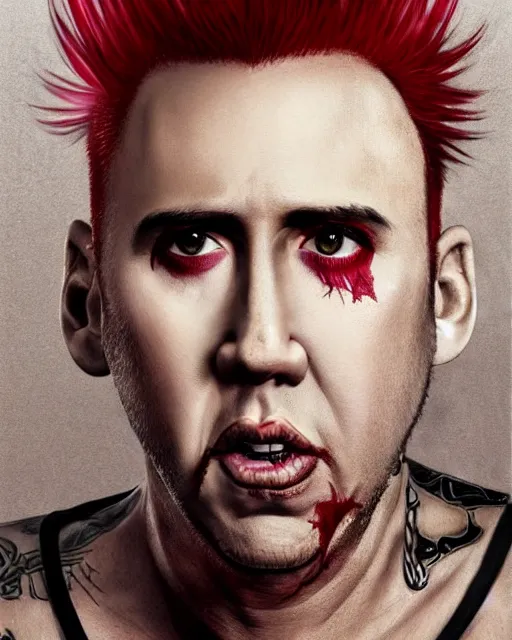 Prompt: nicolas cage with a short red dyed mohawk, red eyes, gauged ears, dressed in crustpunk clothing, headshot, attractive, handsome, in color, no makeup, model, trending on artstation, high quality art, character design, realism