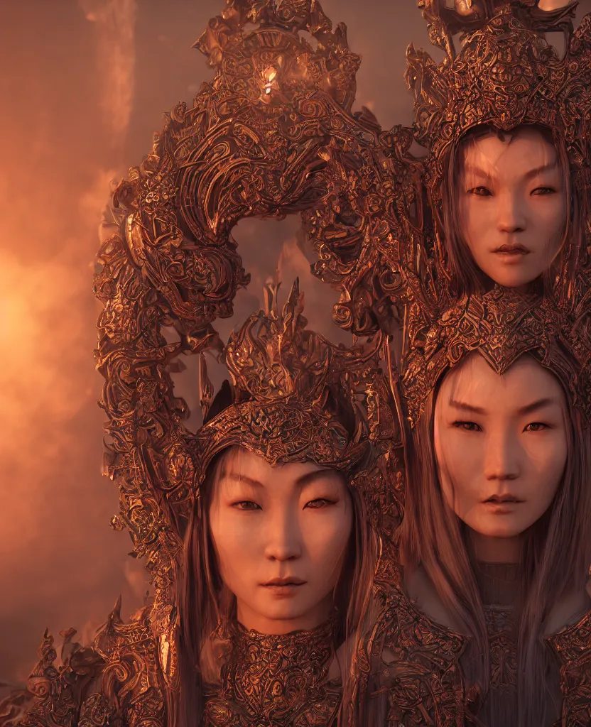 Prompt: ancient mongolian evil goddess portrait. burning magical halo. cinematic light. rendered in octane render. trending on artstation and cgsociety. depth of field. intricate ornaments