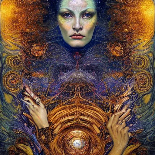 Image similar to Divine Chaos Engine by Karol Bak, Jean Deville, Gustav Klimt, and Vincent Van Gogh, beautiful visionary mystical portrait, sacred, otherworldly, fractal structures, ornate gilded medieval icon, third eye, spirals