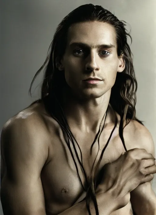 Image similar to a skinny young Tarzan with a man bun, close-up portrait of young white male, with long straight slicked back brown black hair shoulder length