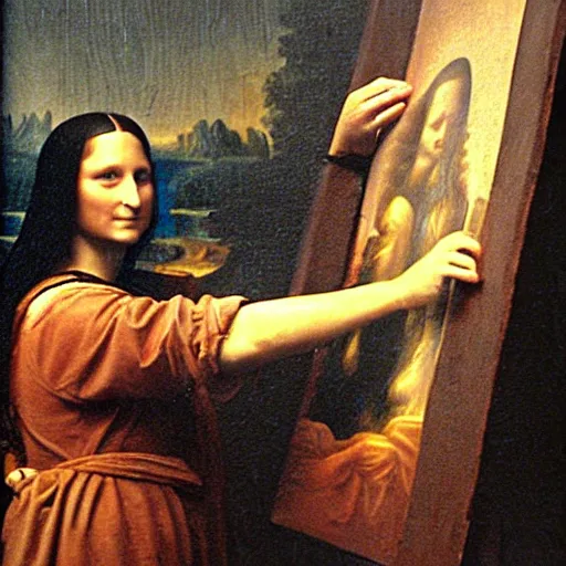 Image similar to Mona Lisa painting a portrait of Leonardo da Vinci in a workshop