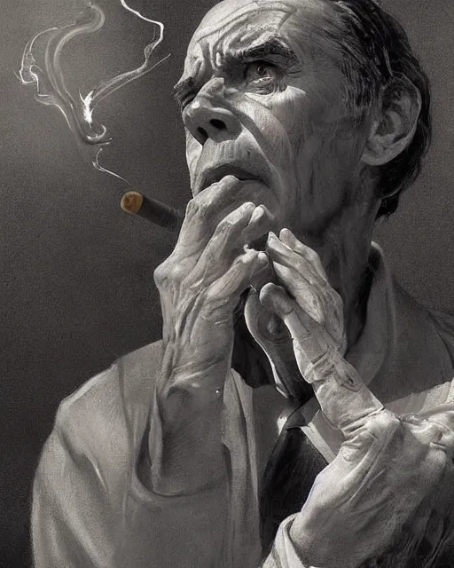 Image similar to a highly detailed epic cinematic concept art CG render digital painting artwork: Henry Fonda as a 1950s tired poet, barefoot, smoking a cigarette. volumetric lighting. By Greg Rutkowski, in the style of Francis Bacon and Syd Mead and Norman Rockwell and Beksinski, open ceiling, highly detailed, painted by Francis Bacon and Edward Hopper, painted by James Gilleard, surrealism, airbrush, Ilya Kuvshinov, WLOP, Stanley Artgerm, very coherent, triadic color scheme, art by Takato Yamamoto and James Jean