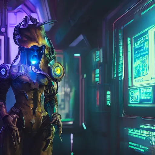 Image similar to high quality portrait of a starcraft Protoss Zealot in a cyberpunk cyberpunk cyberpunk cafe, realism, 8k, award winning photo