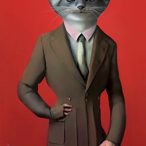 Prompt: an anthropomorphic gray cat wearing as a 1950's Soviet leader, artwork by Sergey Kolesov