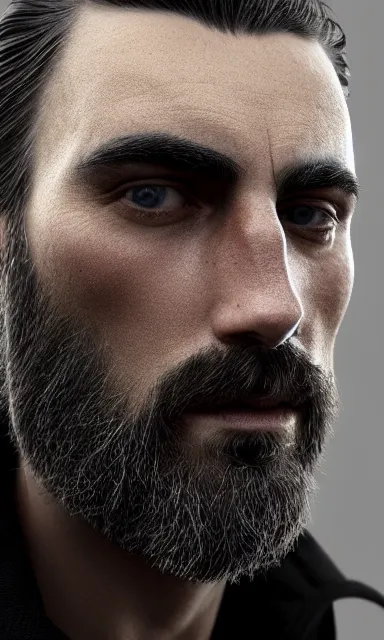 Prompt: face closeup covered with 4 0 year old caucasian man, symmetric face, serious medium look, medium sized eyebrows, gren grey eyes, pale skin, dark grey and silver ned kelly beard, shoulder long grey hair,, 3 d render, hyper - realistic detailed portrait, ruan jia, wlop