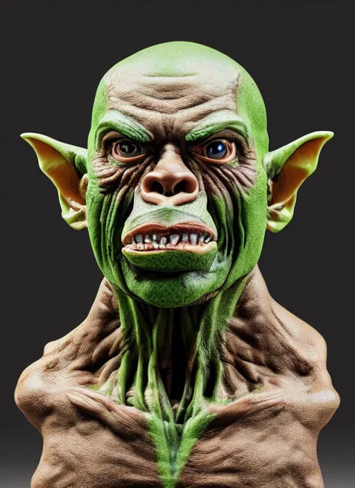 Prompt: a bust sculpture of anatomical detailed goblin, nicolas maduro, green blood, become human, ceramic base, orthographic, studio lighting