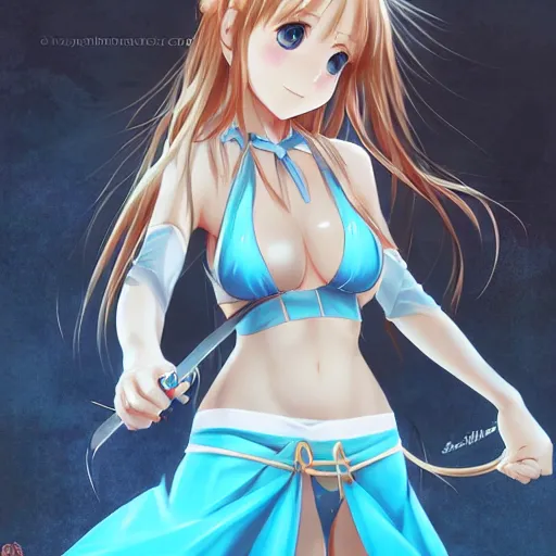 Image similar to a very beautiful young yuuki asuna, full body, long wavy blond hair, sky blue eyes, full round face,, bikini, miniskirt, front shot, highly detailed, cinematic wallpaper by stanley artgerm lau