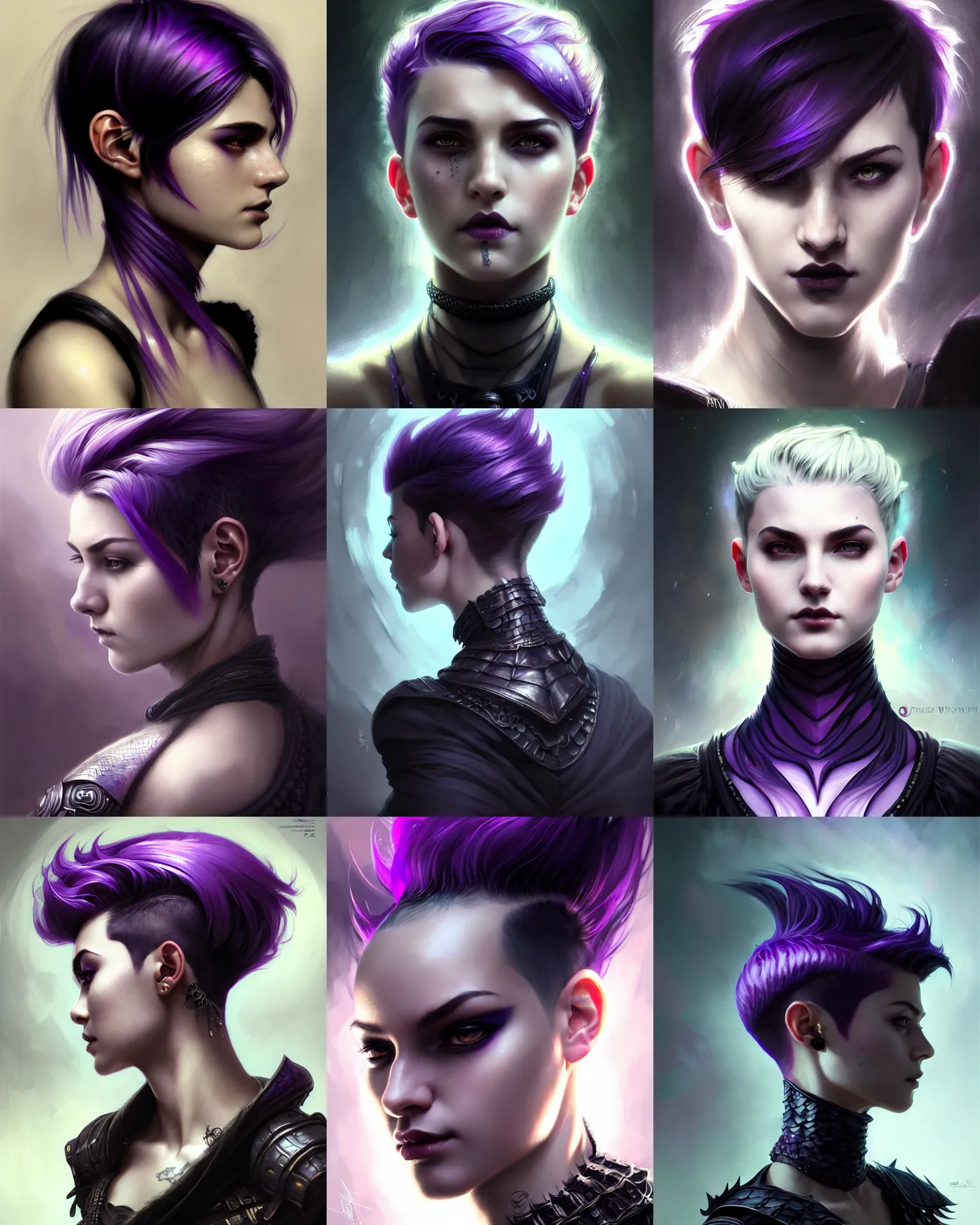 Prompt: portrait rugged girl, dark supervillain, dragon scales, pixie undercut hairstyle, black to purple fade hairstyle, fantasy magic, dark light night, intricate, elegant, sharp focus, illustration, highly detailed, digital painting, concept art, matte, art by WLOP and Artgerm and Greg Rutkowski and Alphonse Mucha, masterpiece, Refined, upscaled