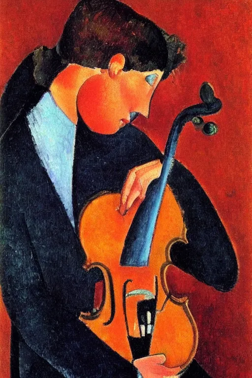 Image similar to violin player portait by modigliani, intricate, highly detailed, hyper realistic, soft shadow