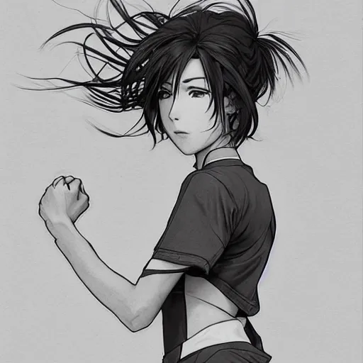 Image similar to a girl is running, sport clothing, anime style, short hair, hair down, symmetrical facial features, from arknights, hyper realistic, highly detailed, rule of thirds, extreme detail, detailed drawing, trending artstation, realistic lighting, ultra hd, by alphonse mucha, greg rutkowski, sharp focus, backlit, real faces, realistic anatomy