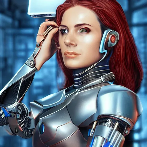 Image similar to portrait of a female cyborg character, chrome, vr headset, wires, side profile, in style of a magic the gathering trading card with high details