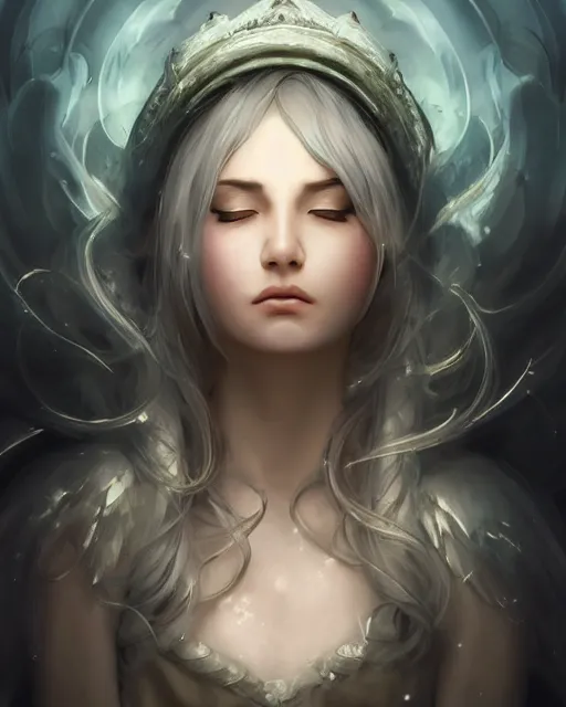 Prompt: a beautiful female cleric, ethereal, dreamy, backlit, highly detailed, sad expression, eyes closed, mouth half open, realistic lighting, sharp focus, windswept, rule of thirds, symmetrical facial features, by artgerm, wlop, rossdraws, frank frazetta, andrei riabovitchev, trending on artstation, hd, 4 k, fantasy