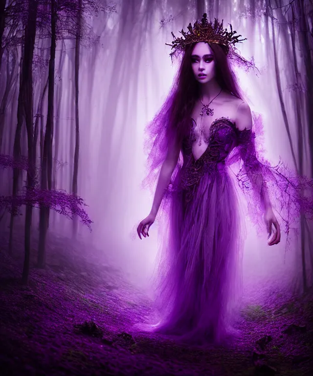Image similar to ultra detailed, magical realism, portrait painting, of the beautiful empress within the enchanted purple forest, glowing purple, volumetric lighting, depth of field, illusion, intricate details, by peter coulson