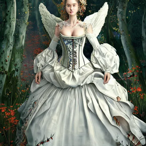 Image similar to A masterpiece ultrarealistic ultradetailed portrait of a Incredibly beautiful angel armored princess knight IN INCREDIBLE FEARFUL sharp poisoned GAS MASK WITH FLOWERS and swarovski crystals. baroque renaissance. in the forest. White amazing corset. medium shot, intricate, elegant, highly detailed. trending on artstation, digital art, by Stanley Artgerm Lau, WLOP, Rossdraws, James Jean, Andrei Riabovitchev, Marc Simonetti, Yoshitaka Amano. background by James Jean and Gustav Klimt, light by Julie Bell, 4k, porcelain skin. BY ZDIZISLAW BEKSINSKI Cinematic concept art