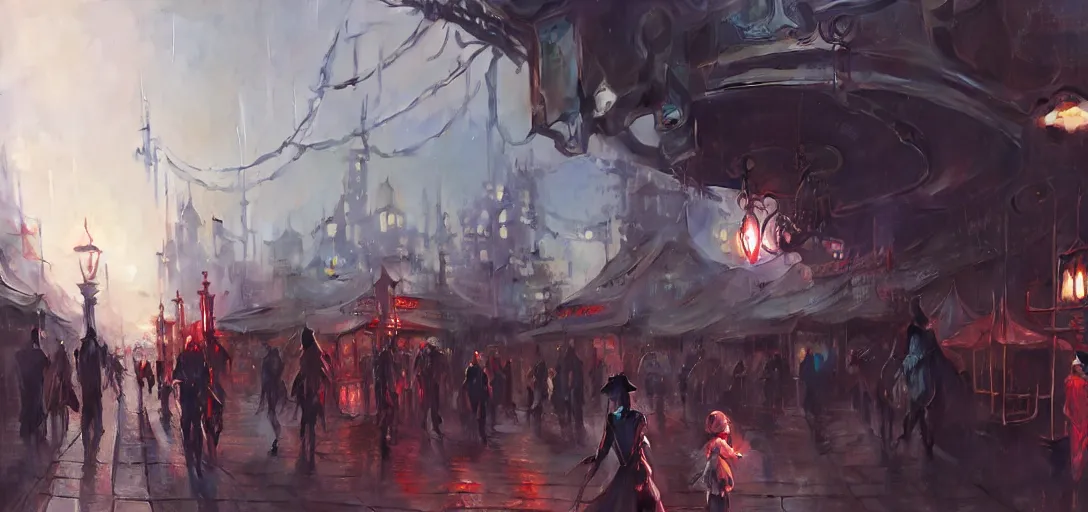 Image similar to close - up of cyborg knights exploring small town amusement, gas lamps, food stalls, cyberpunk big top circus tent, highly detailed, nightmare, neo alien, digital painting, concept art, matte, art by ruan jia and wlop and greg rutkowski and makoto shinkai, masterpiece