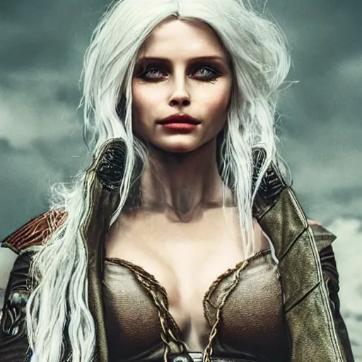 Prompt: Portrait of Abbey Lee as Ciri from The Witcher, brown leather clothes, intricate, elegant, highly detailed, smooth, sharp focus, detailed face, high contrast, dramatic lighting, graphic novel, art by Ardian Syaf and Pepe Larraz,