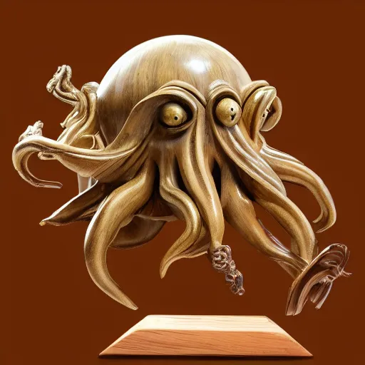 Prompt: wooden sculpture of cthulhu attacking a spaceship, polished maple, thoughtful, elegant, real