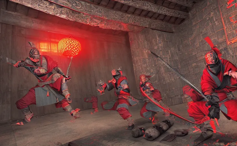 Image similar to highly detailed digital illustration of ninja shinobi in the in old, japanese castle from sengoku period, surrounded by red samurai, cinematic lighting, photobash, raytracing, volumetric lighting