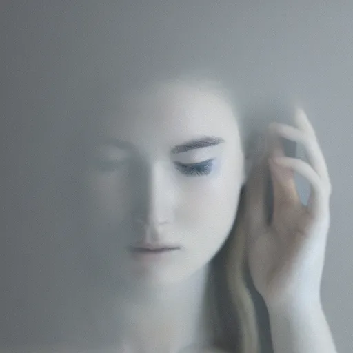 Image similar to photorealistic portrait of a beautiful young woman, very blurry, out of focus, translucent stone white skin, closed eyes, foggy, closeup