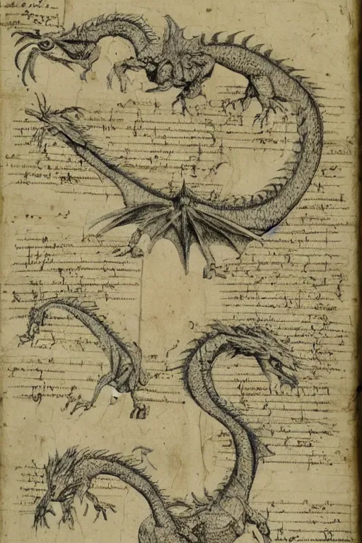 Image similar to manuscript page with diagrams of dragons by leonardo da vinci, sketches, scientific studies, anatomy studies, academic art, intricate