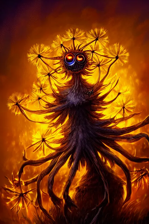 Image similar to a glowing humanoid figure dandelion monster with large glowing eyes, highly detailed, digital art, sharp focus, trending on art station, artichoke, anime art style