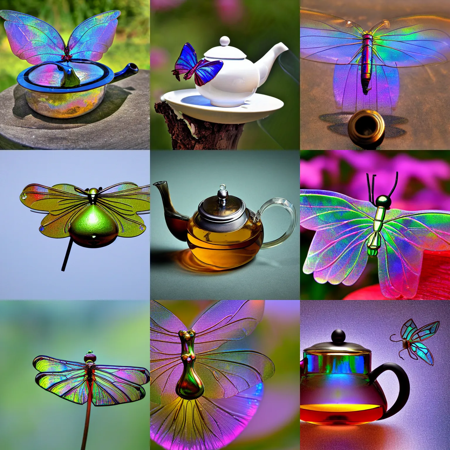 Image similar to wide-angled Nature photo of a teapot-like flying teapot-Dragonfly with iridescent gossamer wings, handle and spout