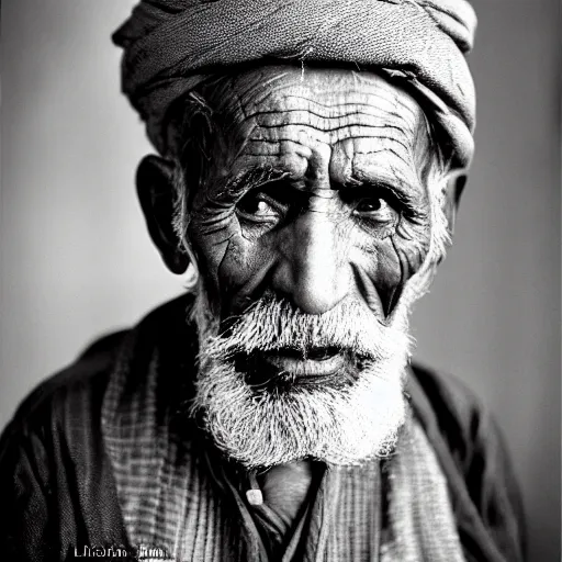 Prompt: black and white photo, portrait of 100 year old afghan man by richard avedon, realistic, Leica, medium format, cinematic lighting, parallax, high resolution,