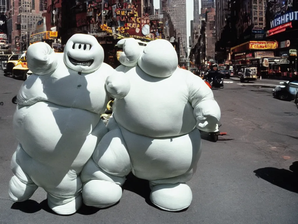 Image similar to 3 5 mm kodachrome colour photography of michelin man and stay - puft marshmallow man dancing in the streets of new york, sun and shadows, taken by harry gruyaert