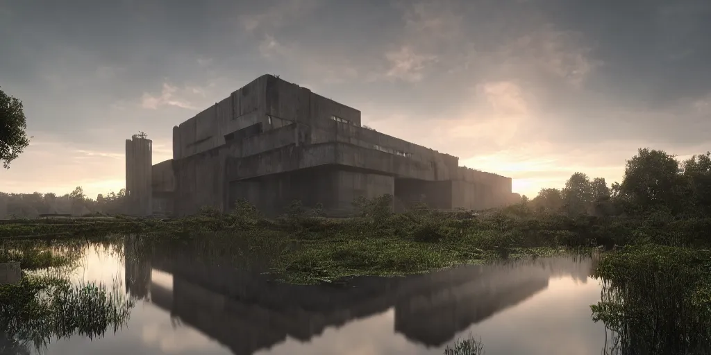 Prompt: an extremely detailed cathedral of brutalist architecture, surrounded by lush green forest, accurate reflections in small ponds of water, stunning volumetric lighting, sunset, rusted steel, smooth concrete, stunning skies, trending on Artstation, 8k, photorealistic, hyper detailed, unreal engine 5, IMAX quality, cinematic, epic lighting, in the style of Greg Rutkowski