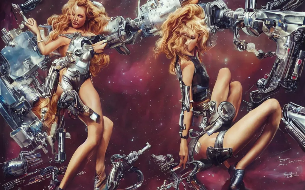 Image similar to kylie minogue as barbarella. floating through an airlock, holding a raygun. soft lighting. glamorous. sophisticated. hyper detailed painting. trending on artstation. cinematic.