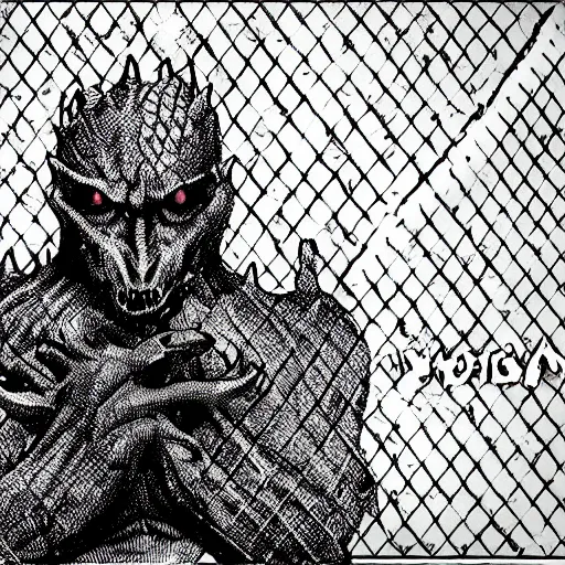 Prompt: humanoid scary lizard man in a prison cell, holding the bars and crying out for help