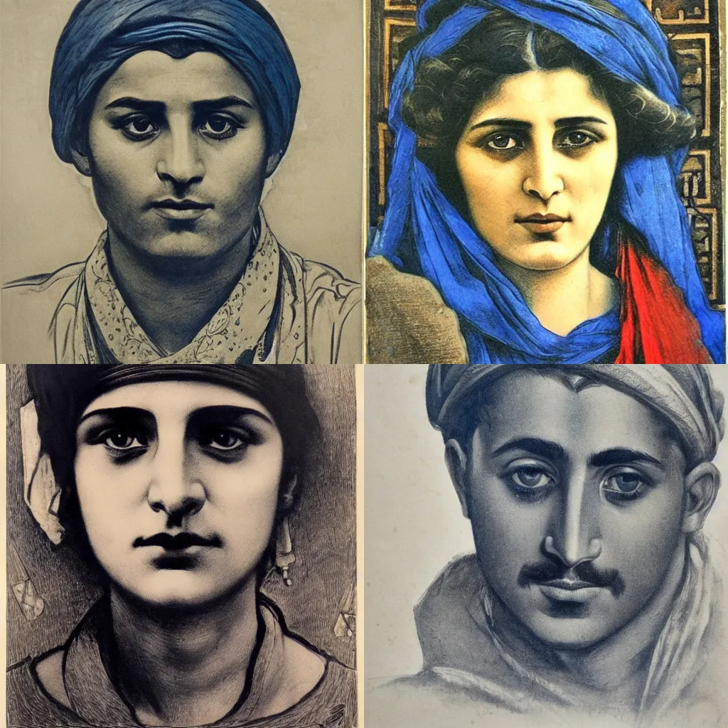 Prompt: portrait, kurdish realist, lithograph, art nouveau ( 1 9 2 2 ), pyrrol scarlet, titanium white, phthalo blue, stathmore 2 0 0, 3 5 mm, f 1. 4, grisaille, luminous