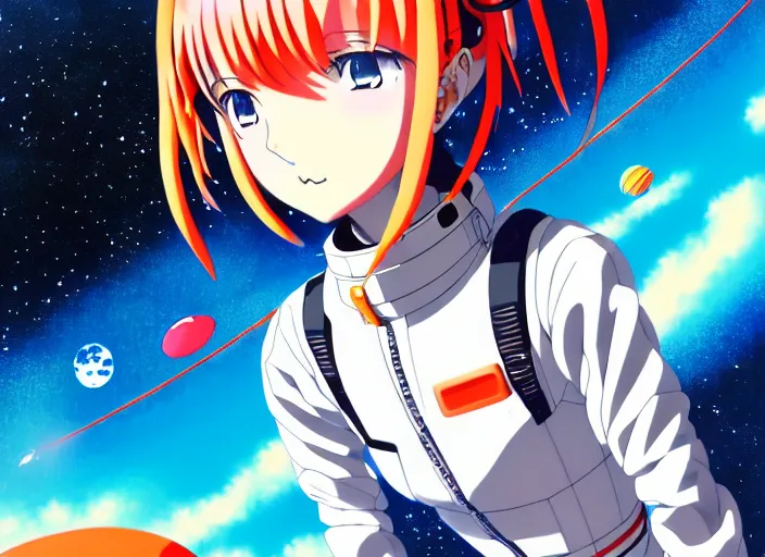 Image similar to anime portrait of a young astronaut girl floating inside a spacestation with no helmet, Karolis Strautniekas,omoide emanon, tsuruta kenji, murata range,kawaii, kyoto animation, manga, intricate, detailed, studio lighting, orange red black white, gradation,editorial illustration, matte print, Ilya Kuvshinov