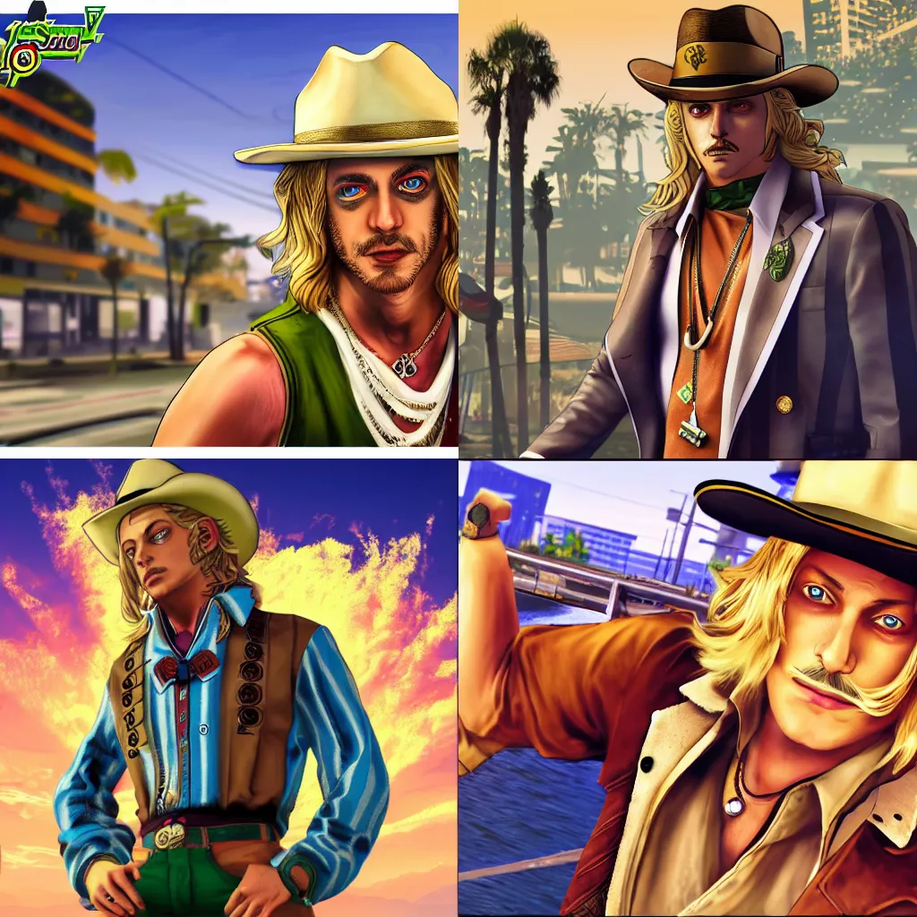 Prompt: gyro zeppeli in the gta v loading screen, masterpiece, 8 k, 4 k, art by stephen bliss