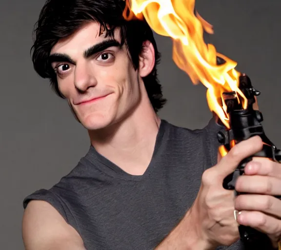 Prompt: rj mitte holding a flamethrower, movie still, upper body shot, photorealistic, clean composition