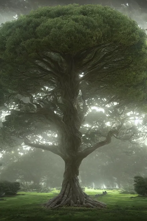 Image similar to mystic circular base surrounded by grand soul tree of the earth, many will - o'- wisp, cinematic, perfect symmetry, intricate detail, small details, high resolution, 3 d, volumetric lighting, octane render, 8 k, photorealistic