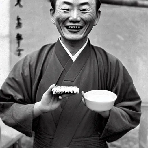 Image similar to a photo of a happy man from qing empire eating a hamburger, award winning photo, high quality