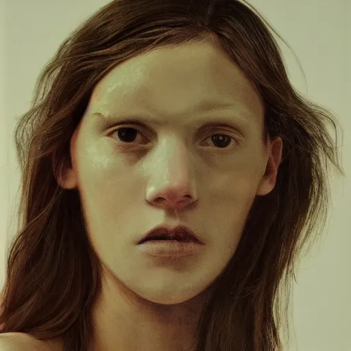 Prompt: close up shot portrait of a beautiful girl by Vanessa Beecroft