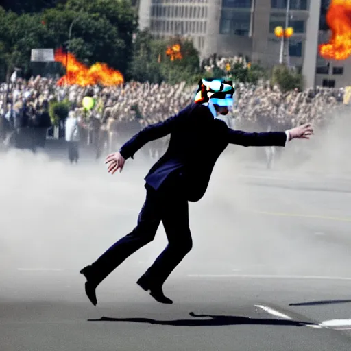 Prompt: donald trump running from the police, helicopters and explosions in the background